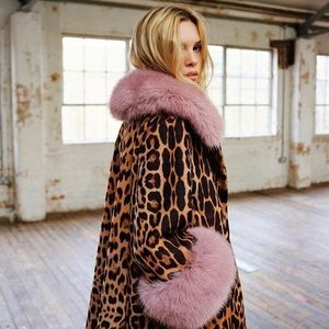 Charlotte Simone “Edie” leopard animal print & pink faux fur coat.